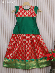 Banarasi kids lehenga green and red with patch work neck pattern and self emboss zari buttas & zari border for 5 years