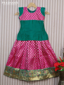 Banarasi kids lehenga teal green and magenta pink with patch work neck pattern and zari woven buttas & zari border for 5 years