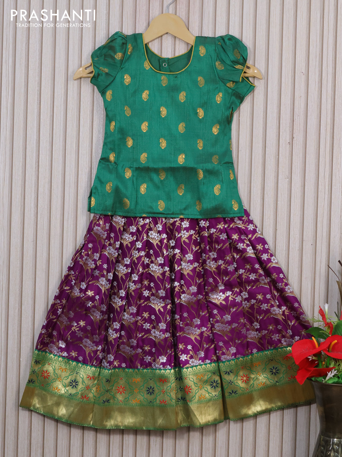 Banarasi kids lehenga green and dark purple with simple zari buttas neck pattern and thread and zari floral weaves & zari border for 5 years