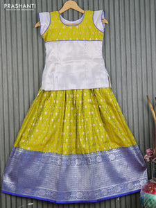 Banarasi kids lehenga pastel grey and lime yellow blue with patch work neck pattern and thread weaves silver zari buttas & long silver zari border for 9 years