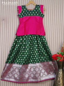 Banarasi kids lehenga pink and green with patch work neck pattern and silver zari buttas & long zari border for 10 years