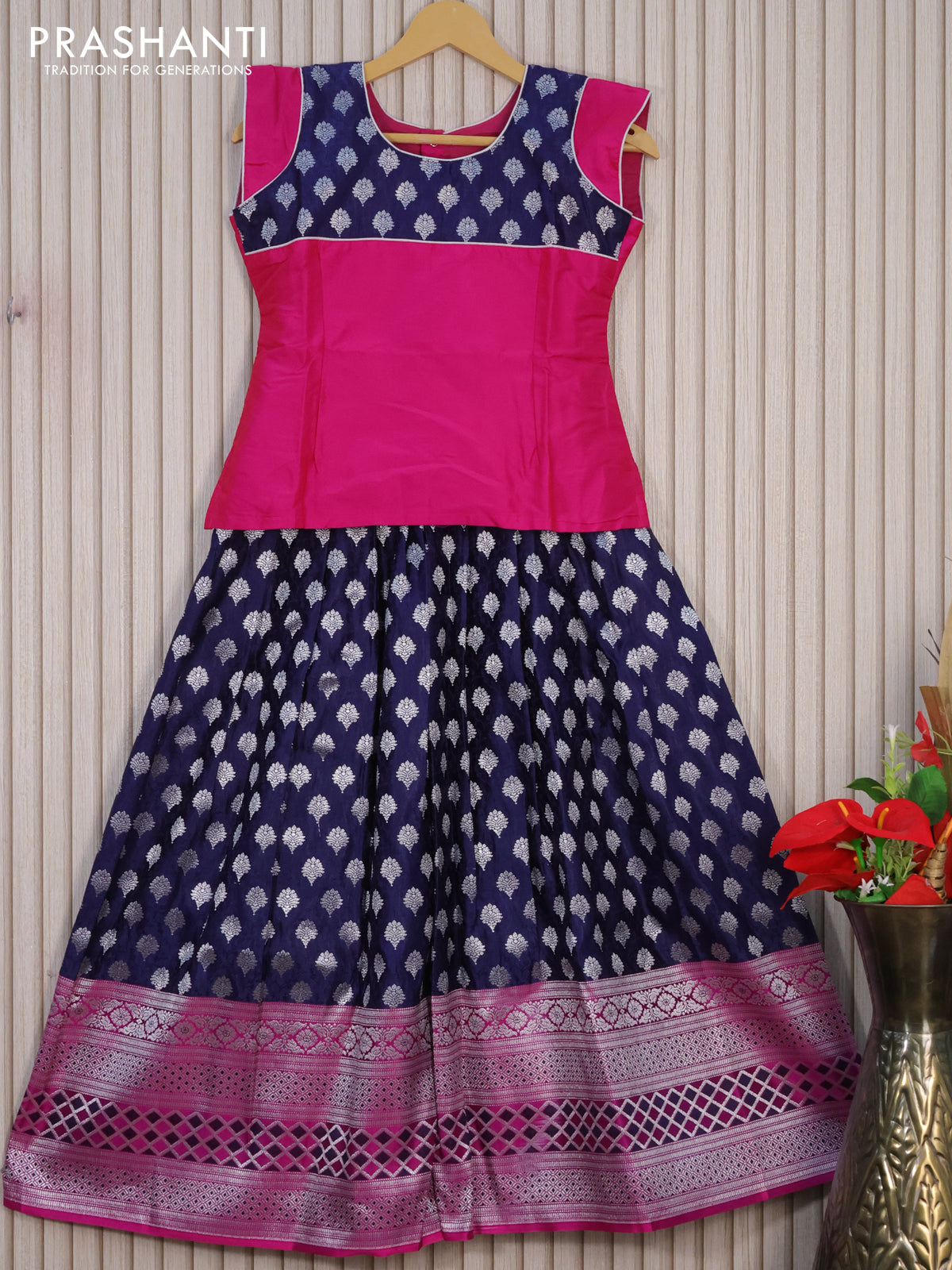 Banarasi kids lehenga pink and navy blue with patch work neck pattern and silver zari buttas & long zari border for 10 years