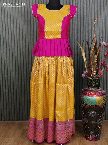 Banarasi kids lehenga pink and mango yellow with patch work neck pattern and silver zari woven buttas & long zari border for 11 years