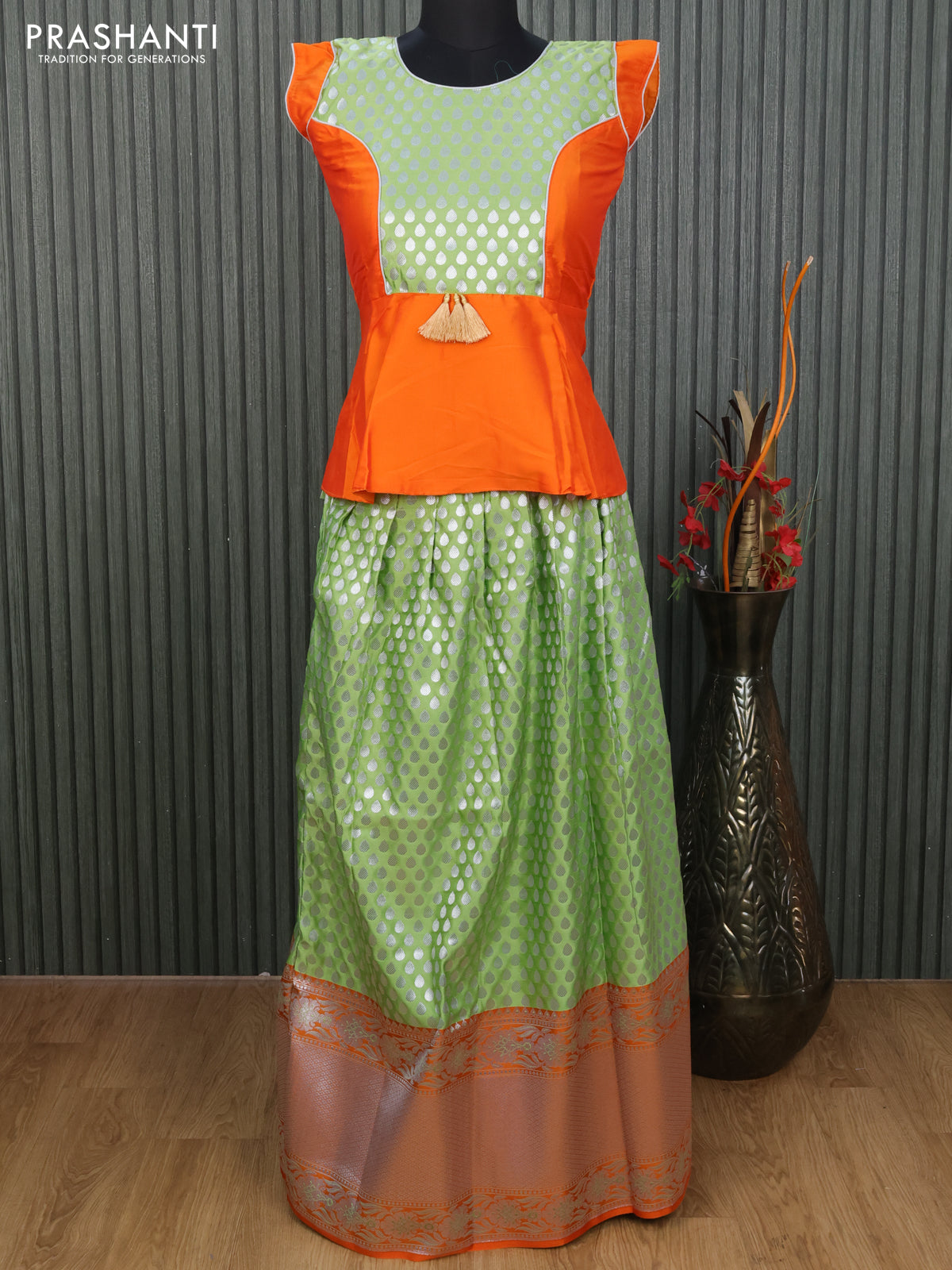 Banarasi kids lehenga orange and pista green with patch work neck pattern and zari woven buttas & long silver zari border for 12 years