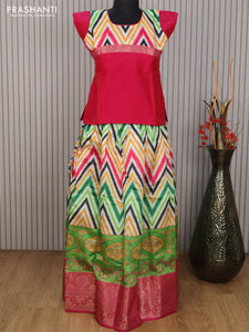 Banarasi kids lehenga pink and multi colour with patch work neck pattern and zig zag prints & long zari border for 12 years