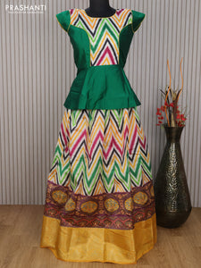 Banarasi kids lehenga green and multi colour with patch work neck pattern and zig zag prints & long banarasi style border for 14 years