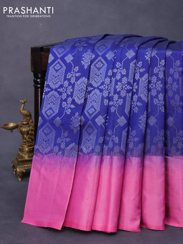 Pure soft silk saree blue and pink with allover silver zari woven brocade weaves and long silver zari woven border