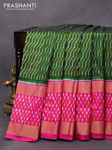 Pochampally silk saree green and pink with allover ikat weaves and long ikat woven zari border