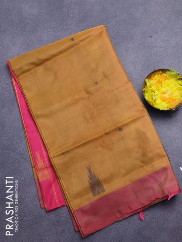 Banana pith saree dark sandal and pink with thread woven buttas and contrast border