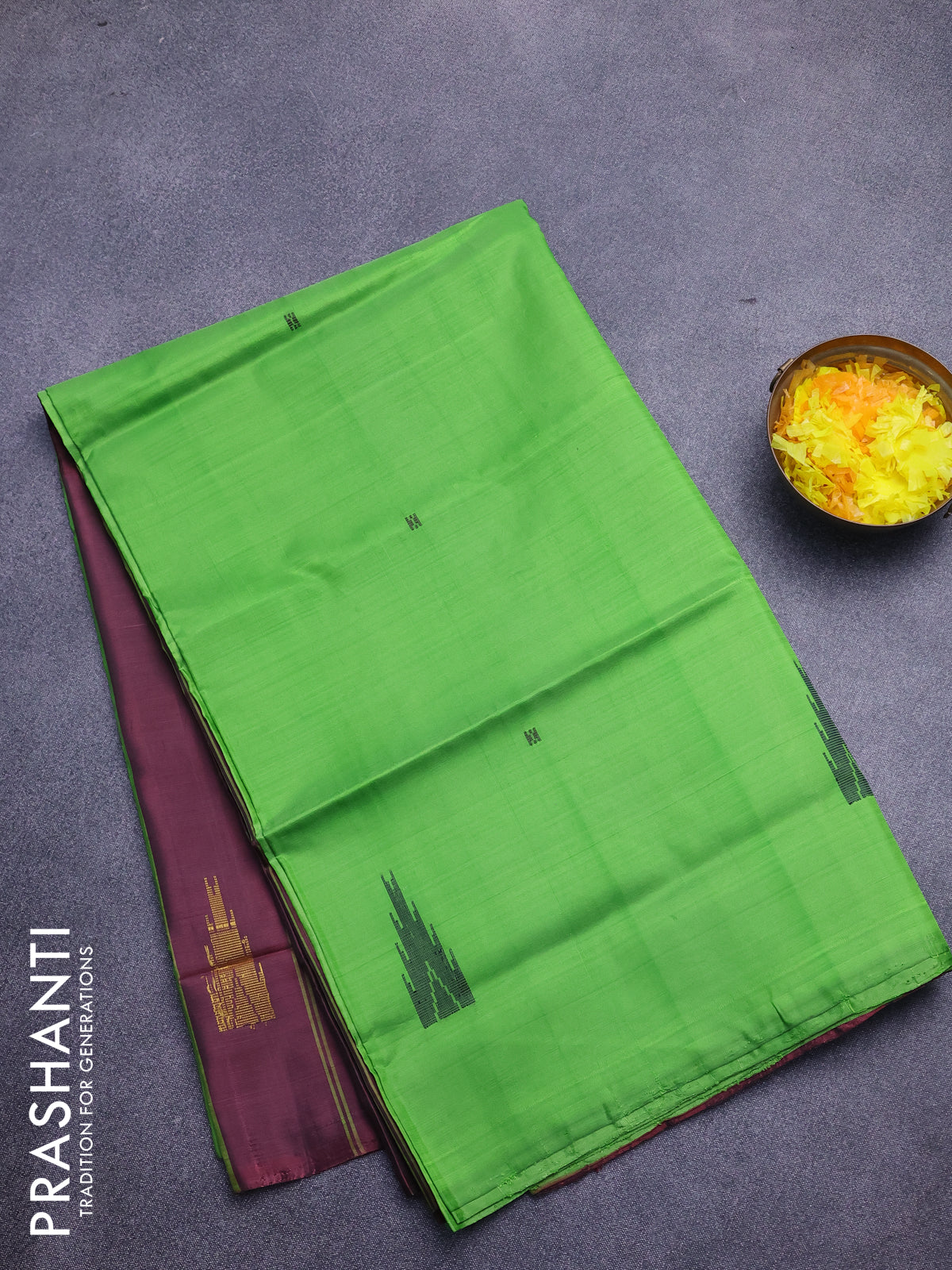 Banana pith saree light green and deep maroon with thread woven buttas in borderless style