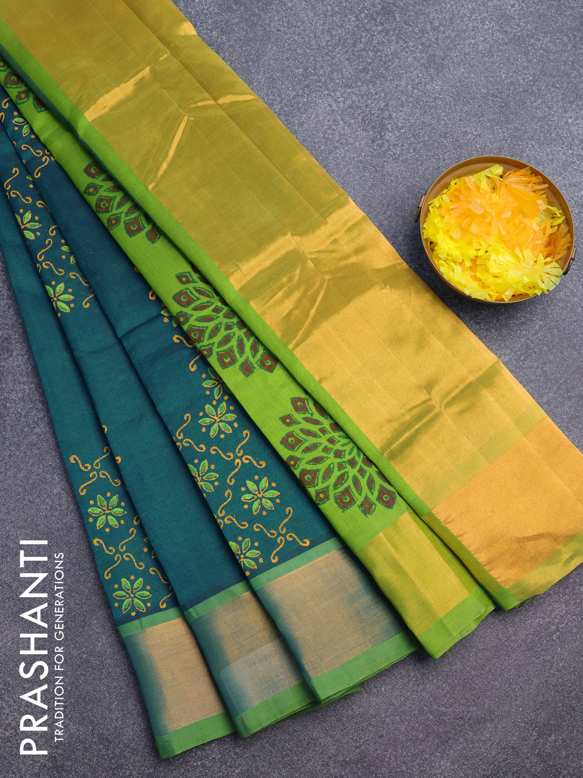 Silk cotton block printed saree peacock green and light green with floral butta prints and zari woven border