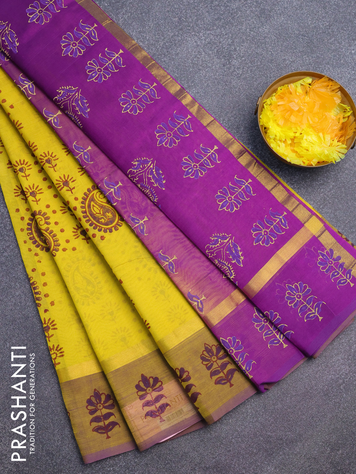 Silk cotton block printed saree yellow and purple with paisley butta prints and zari woven simple border