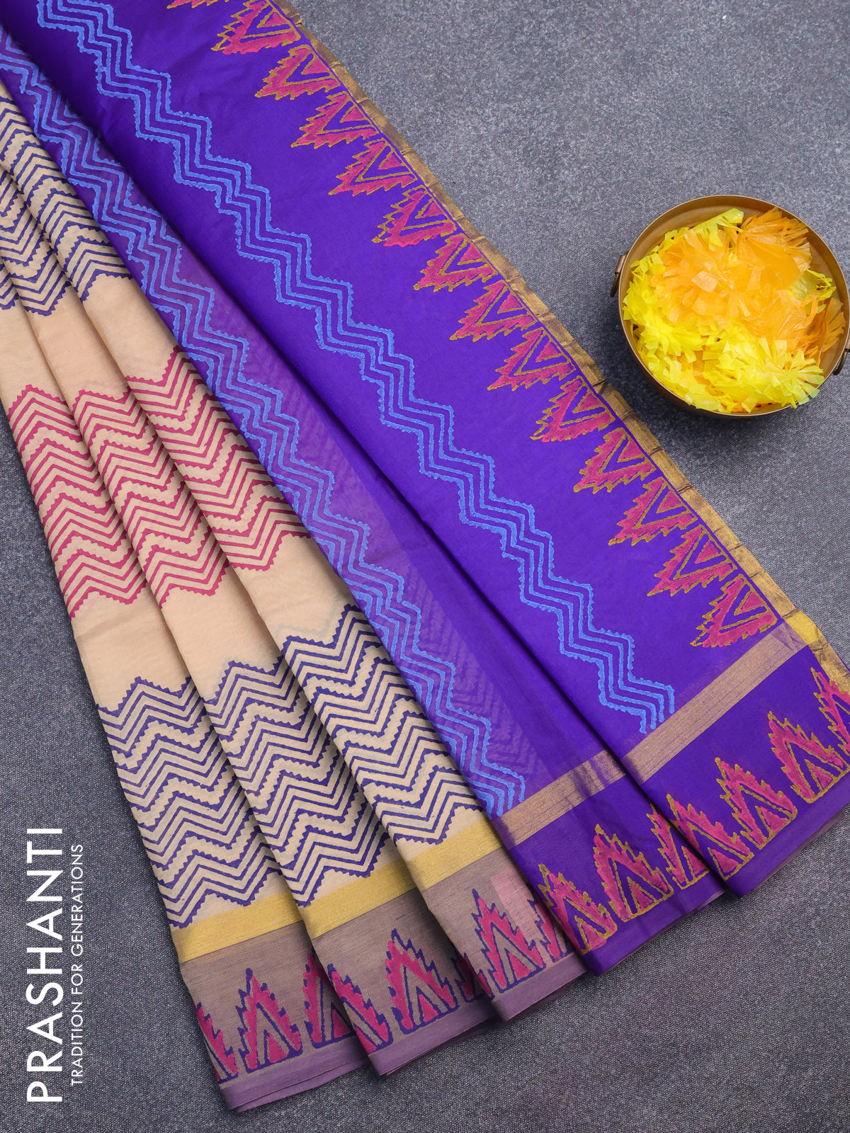 Silk cotton block printed saree sadal and blue with allover prints and zari woven simple border