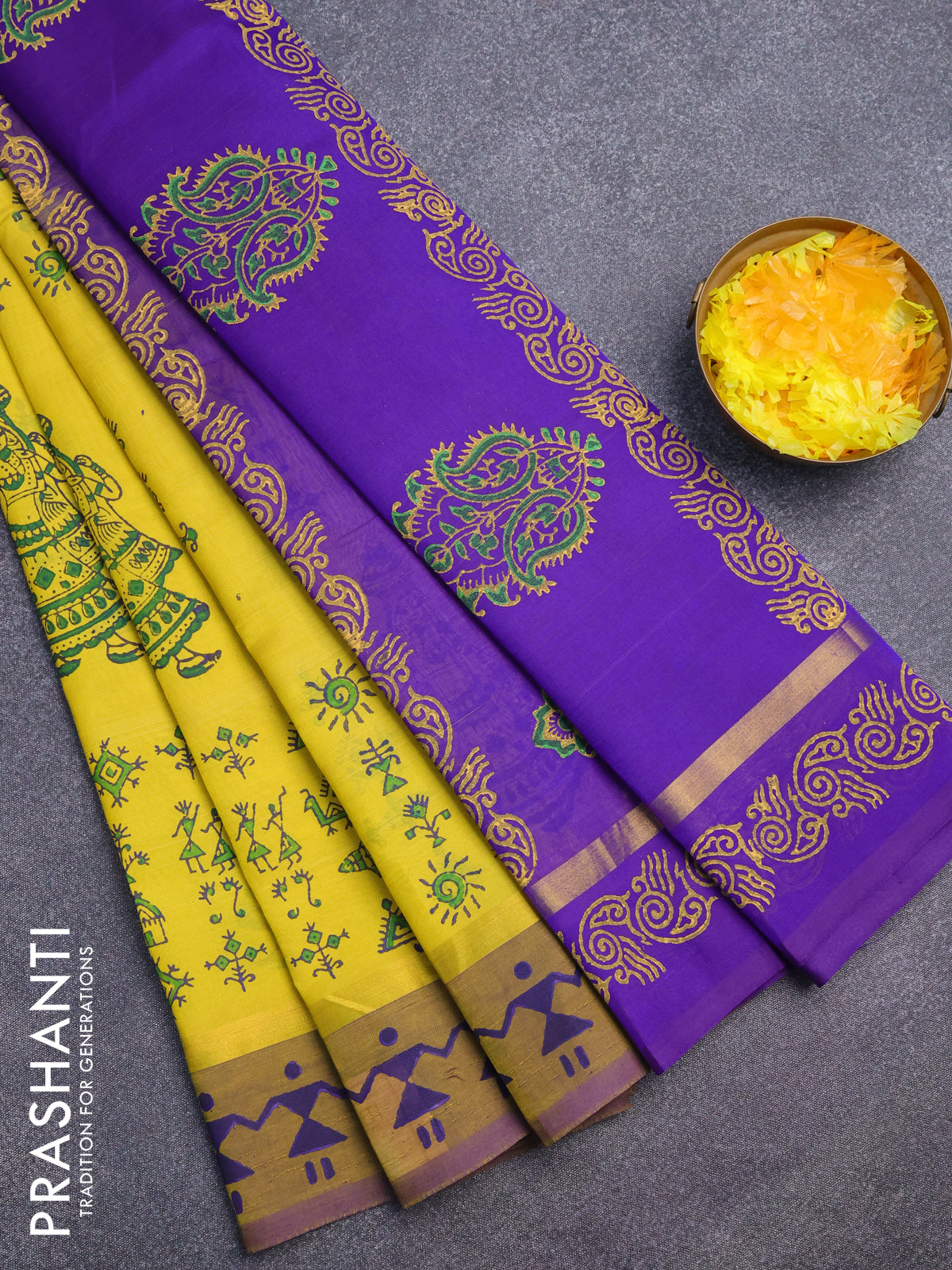 Silk cotton block printed saree yellow and blue with allover butta prints and zari woven simple border