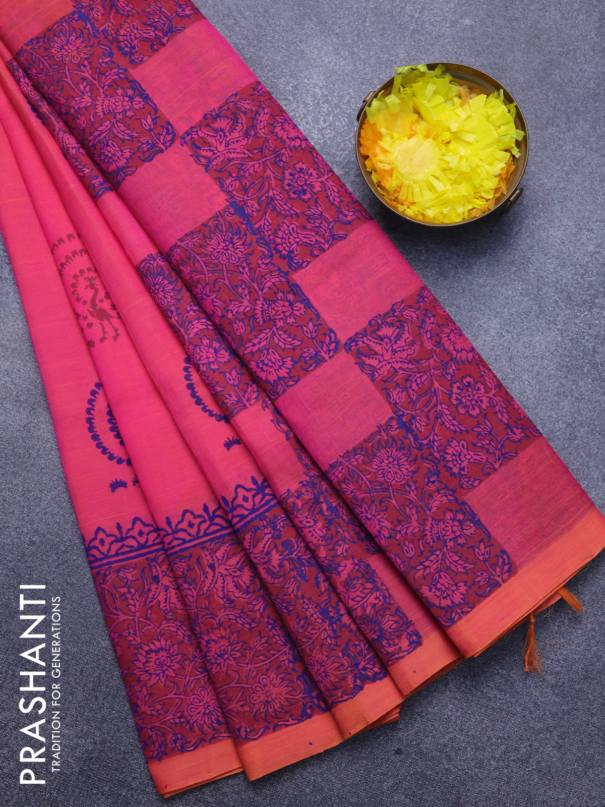 Silk cotton block printed saree dual shade of pink with annam butta prints and printed border