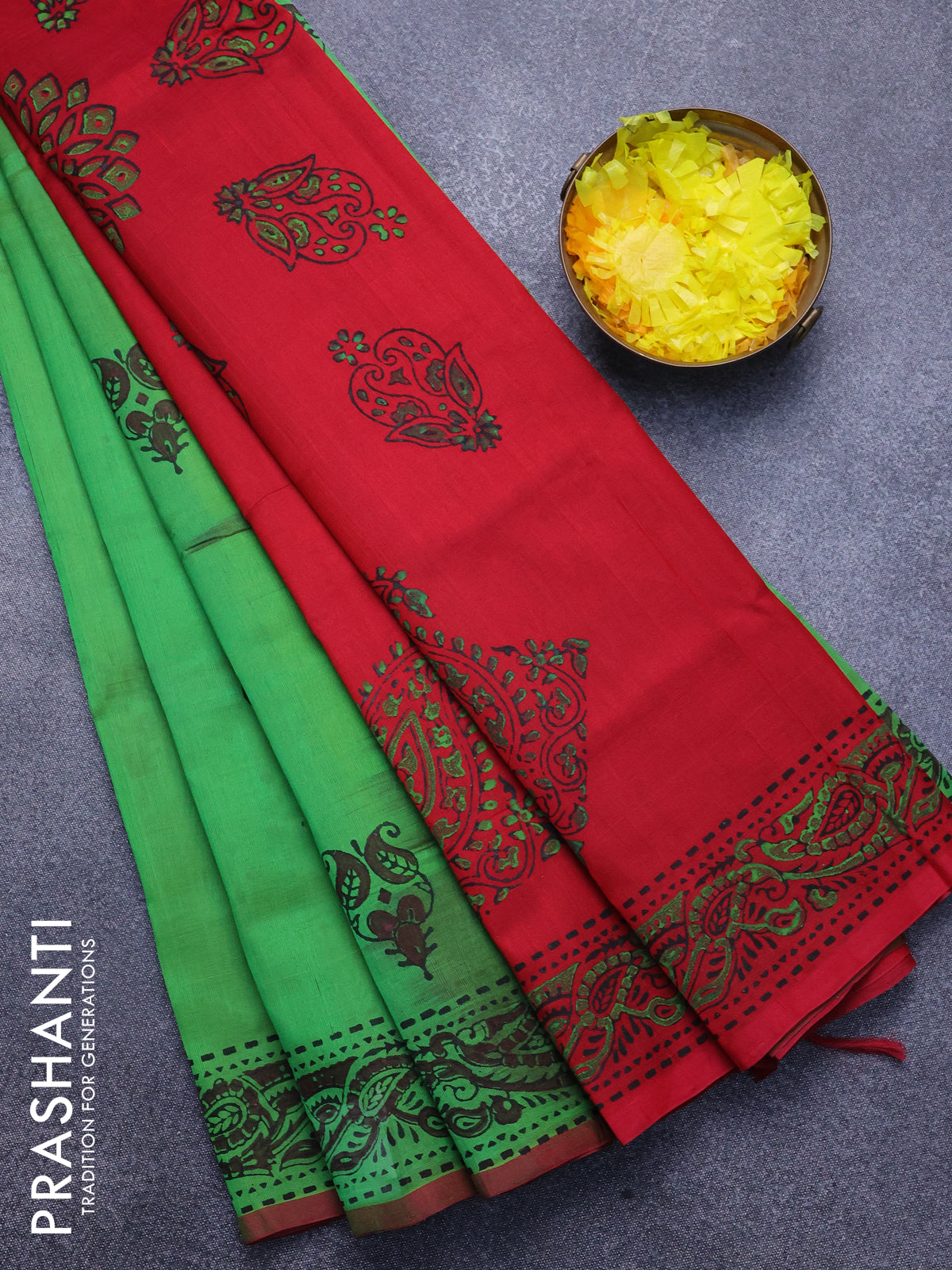 Silk cotton block printed saree light green and red with butta prints and printed border