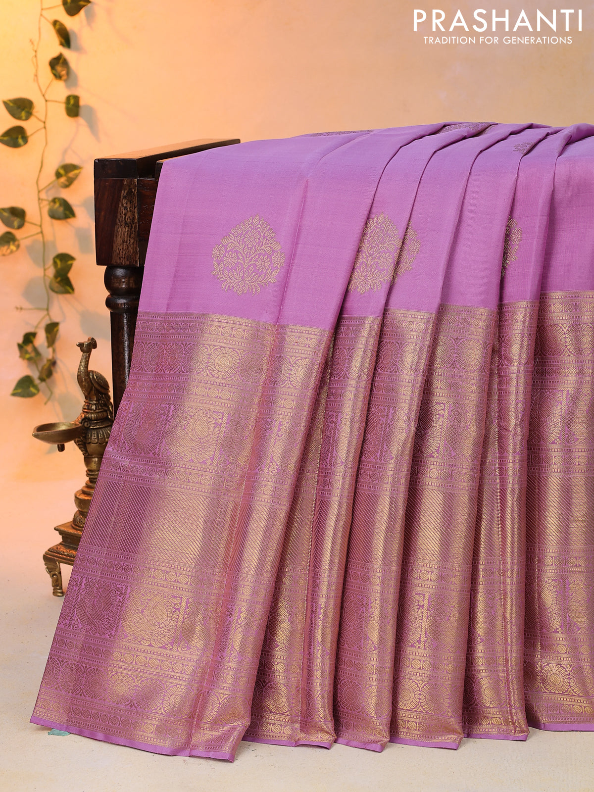 Pure kanjivaram silk saree lavender shade and deep violet with zari woven buttas and long annam zari woven border