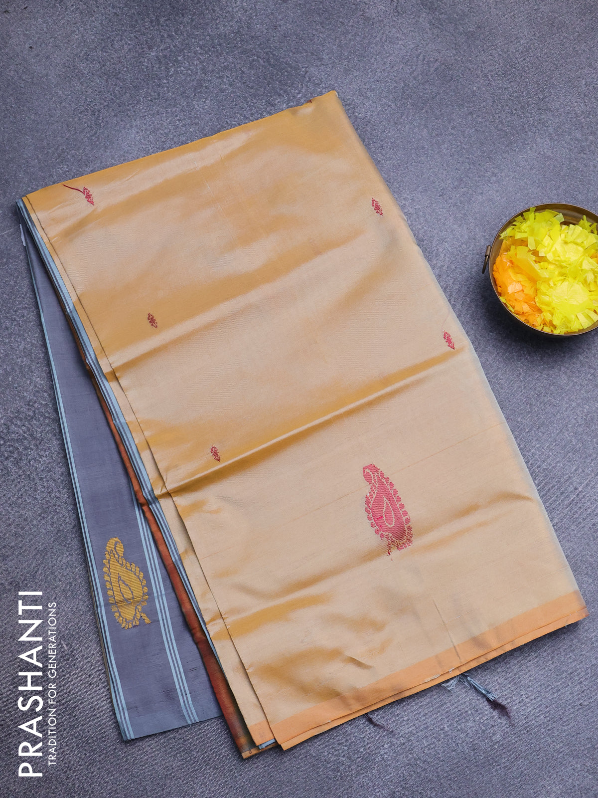 Banana pith saree pale orange and grey shade with thread woven buttas in borderless style