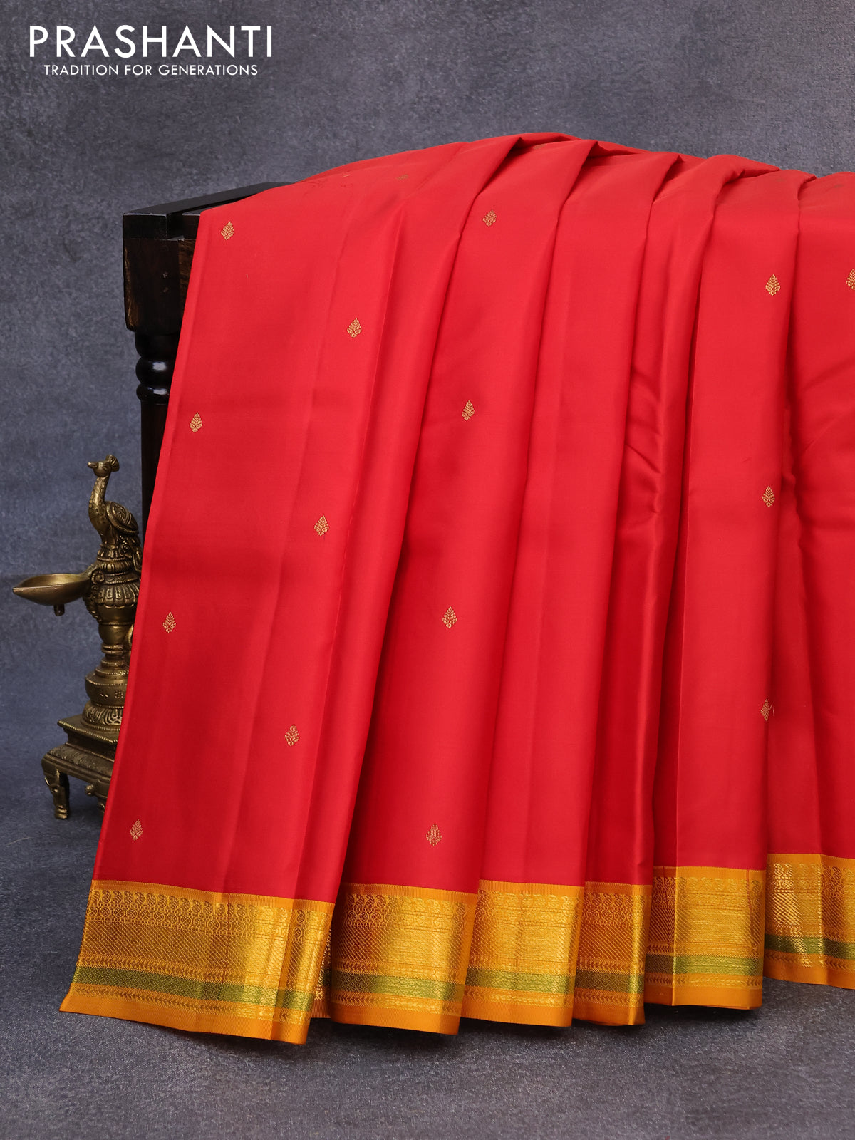 Pure kanjivaram silk saree red and mustard yellow with zari woven buttas and zari woven korvai border