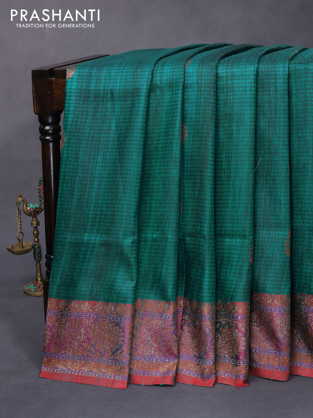 Banarasi handloom dupion silk saree teal green and dual shade of reddish green with thread & zari woven buttas and floral design woven border