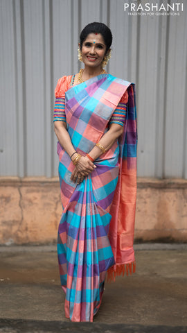 Pure kanjivaram silk saree multi colour with allover paalum pazhamum checked pattern and zari woven butta border