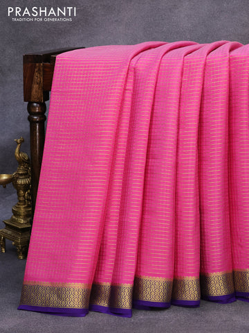 Mysore silk saree pink and blue with allover zari checked pattern and zari woven border