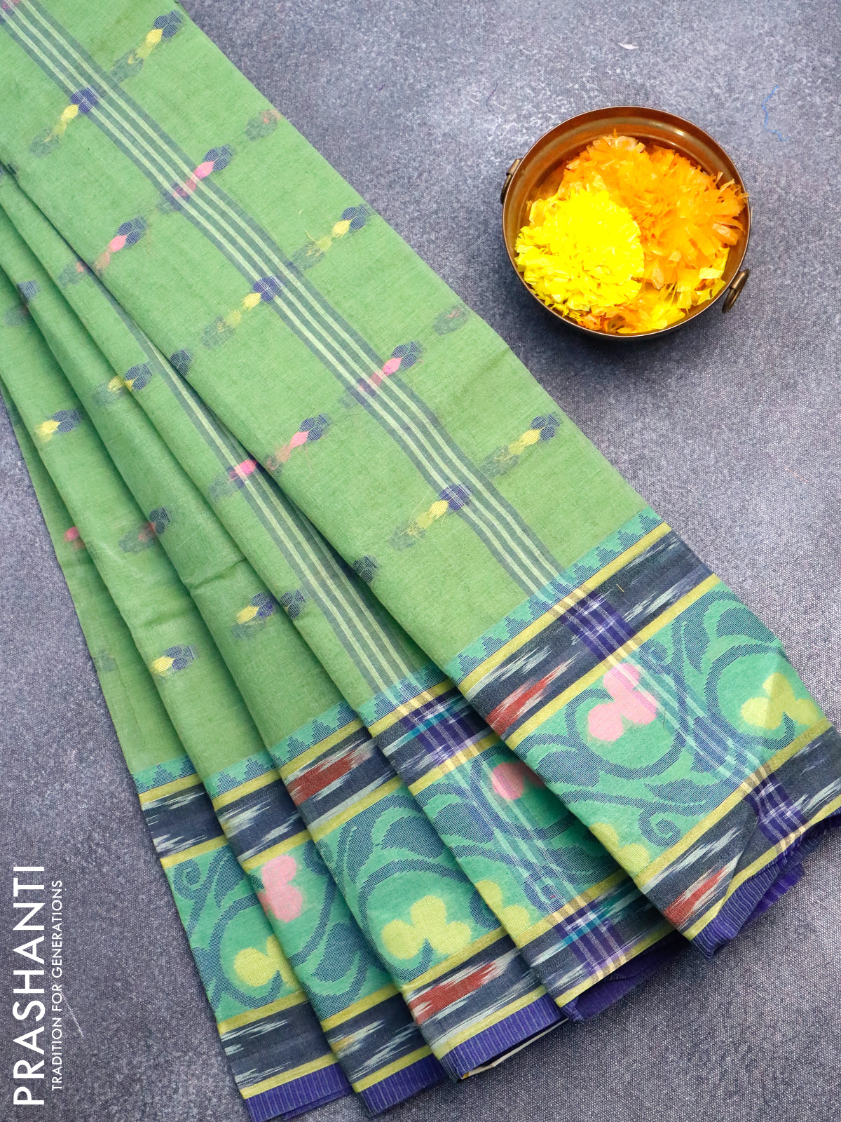 Bengal cotton saree green shade and blue with thread woven buttas and thread woven border without blouse