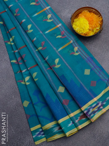 Bengal cotton saree teal green with thread woven buttas and ikat style border without blouse