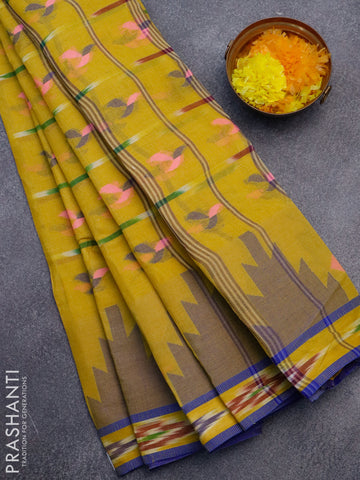 Bengal cotton saree lime yellow and blue with thread woven buttas and ikat style border without blouse