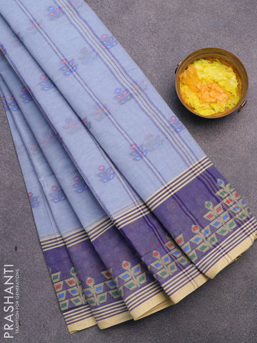 Bengal cotton saree bluish grey and blue with allover thread weaves and thread woven border without blouse