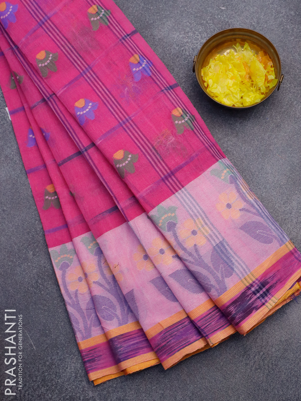 Bengal cotton saree pink and yellow with thread woven ikat butta weaves and thread woven border without blouse