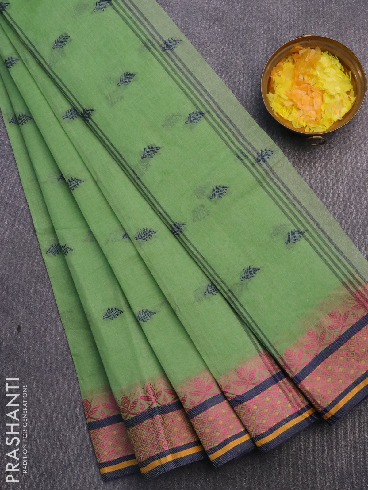 Bengal cotton saree green shade and blue with thread woven buttas and thread woven border without blouse