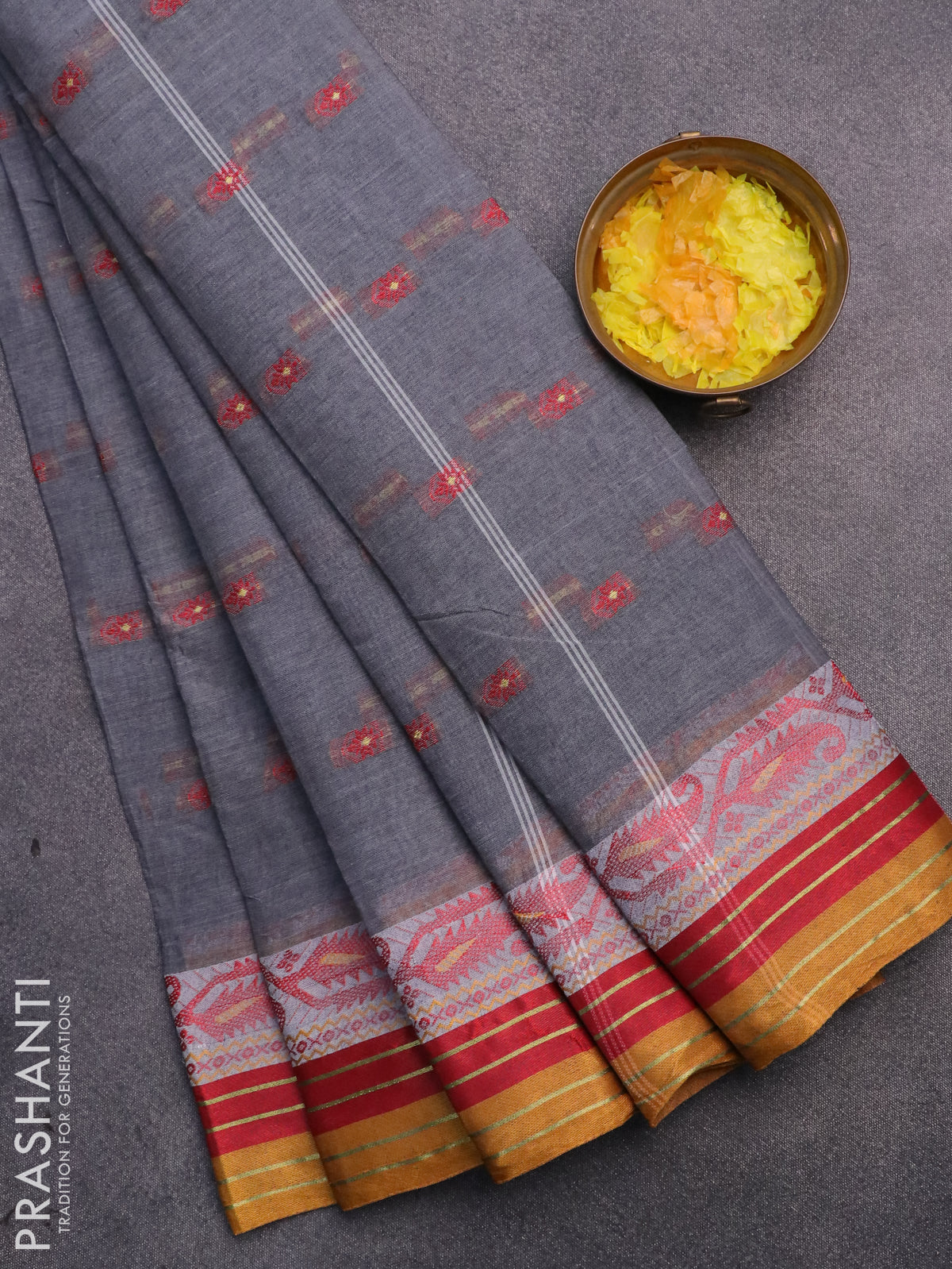 Bengal cotton saree grey and mustard shade with thread woven buttas and thread woven border without blouse