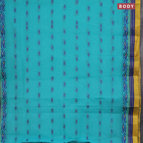 Bengal cotton saree teal blue and yellow with thread woven buttas and thread woven border without blouse