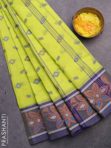 Bengal cotton saree fluorescent green and blue with thread woven buttas and copper zari woven border without blouse