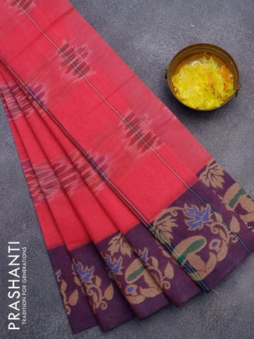 Bengal cotton saree pink and wine shade with allover ikat weaves and thread woven border without blouse