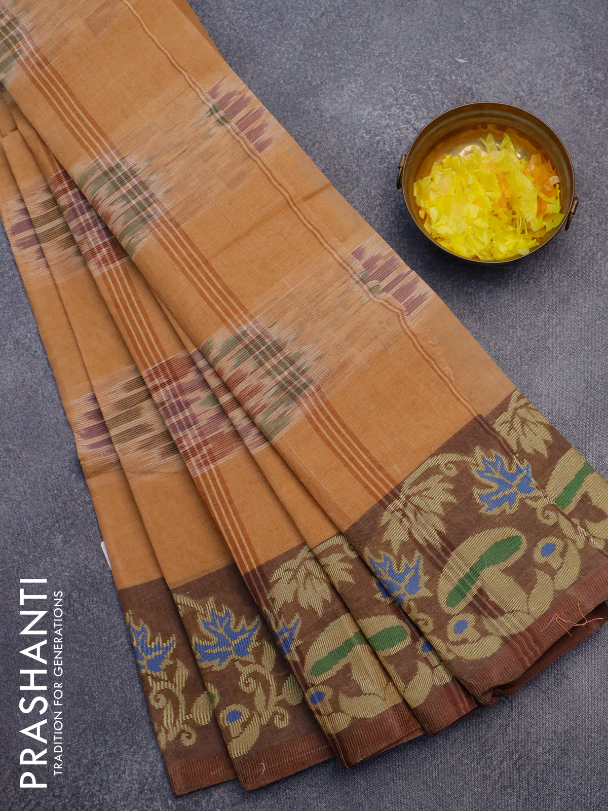 Bengal cotton saree rust shade and brown with allover ikat weaves and thread woven border without blouse