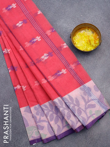 Bengal cotton saree pink and blue with thread woven buttas and thread woven border without blouse