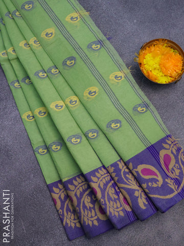 Bengal cotton saree pastel green and blue with thread woven buttas and long thread woven border without blouse