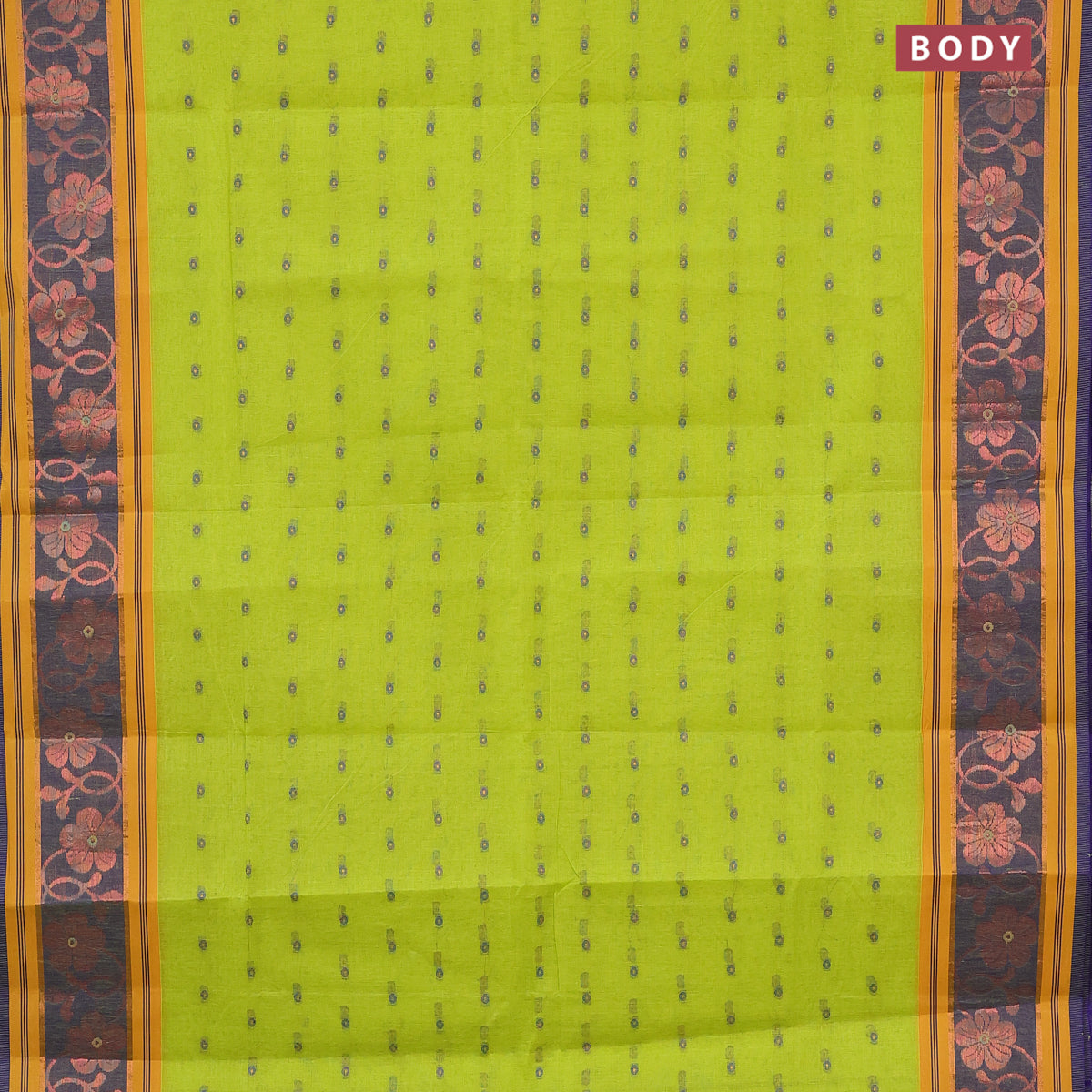 Bengal cotton saree fluorescent gree and blue with thread woven buttas and copper zari woven border without blouse