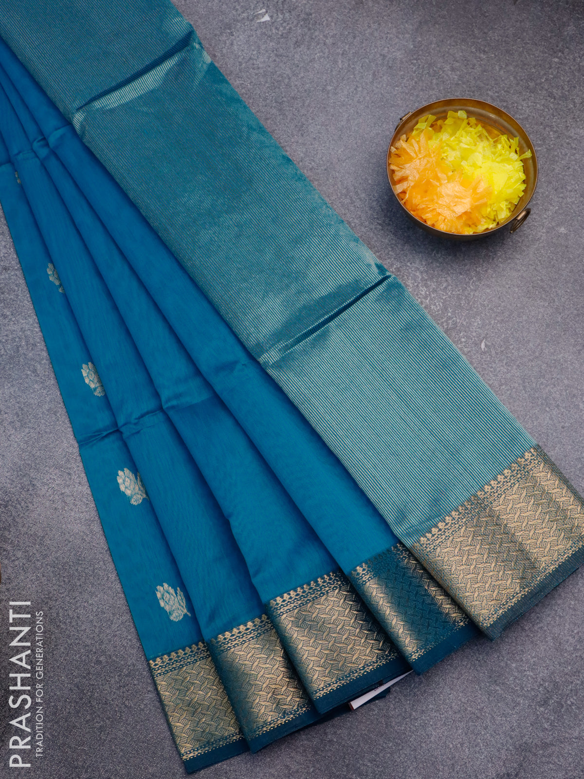 Maheshwari silk cotton saree cs blue with floral zari woven buttas and zari woven border