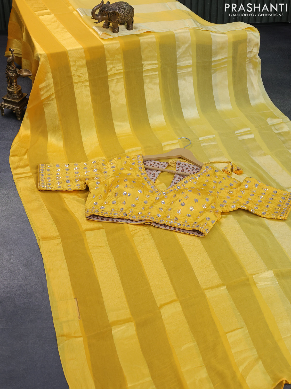 Chiffon silk saree mango yellow with satin finished in borderless style & embroidered readymade blouse