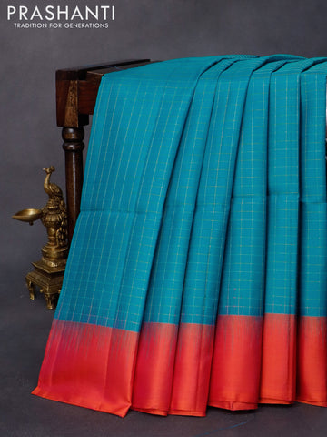 Pure soft silk saree cs blue and dual shade of pinkish orange with allover zari checked pattern and simple border