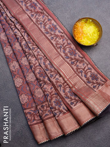 Chanderi silk cotton saree pastel maroon and navy blue with natural vegetable prints and zari woven gotapatti lace border