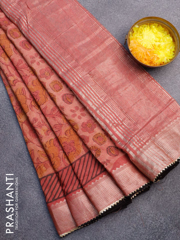 Chanderi silk cotton saree paste peach shade and black with natural vegetable prints and zari woven gotapatti lace border