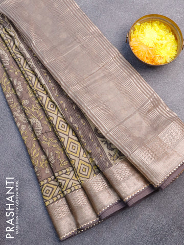 Chanderi silk cotton saree grey shade and beige with natural vegetable prints and zari woven gotapatti lace border