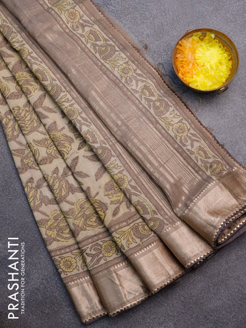 Chanderi silk cotton saree beige and grey with natural vegetable prints and zari woven gotapatti lace border