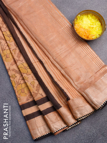 Chanderi silk cotton saree pastel peach and black with natural vegetable prints and zari woven gotapatti lace border