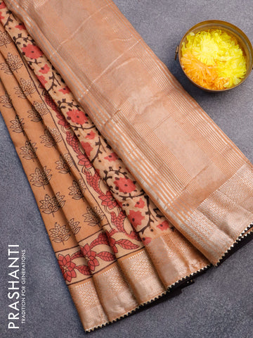 Chanderi silk cotton saree pastel peavh shade and black with natural vegetable butta prints and zari woven gotapatti lace border