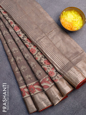 Chanderi silk cotton saree pastel brown shade and maroon with natural vegetable butta prints and zari woven gotapatti lace border